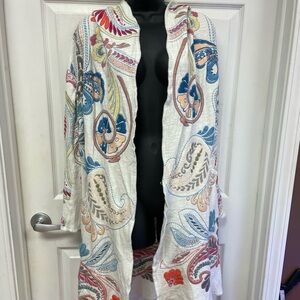 Johnny Was Biya XS white embellished cardigan/kimono pockets hooded